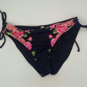 Gianni Bini swimsuit bikini bottom only black pink floral with ties at hips
